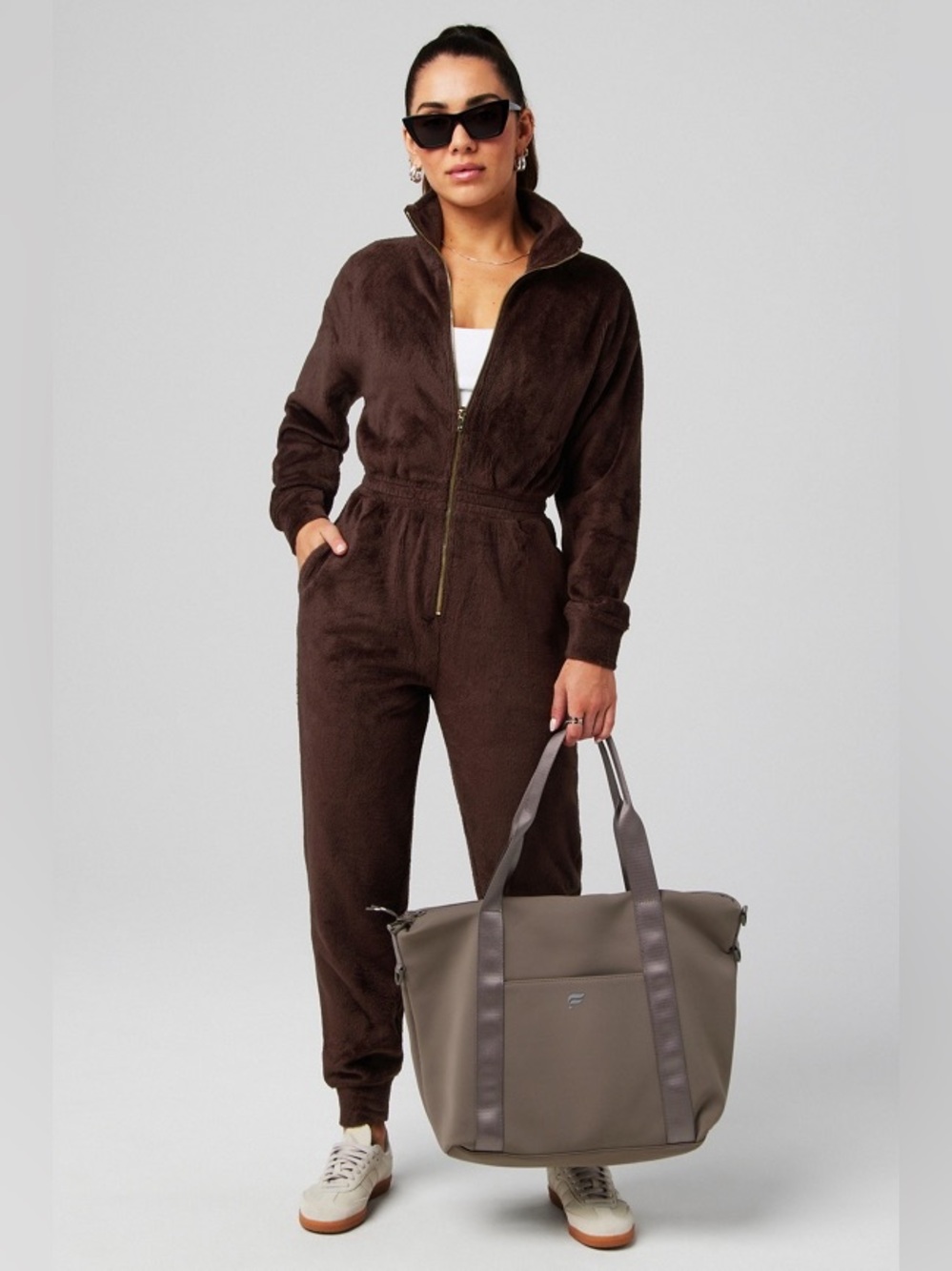 Fabletics Cozy Cord Zip Onesie in Cacao Brown Size S